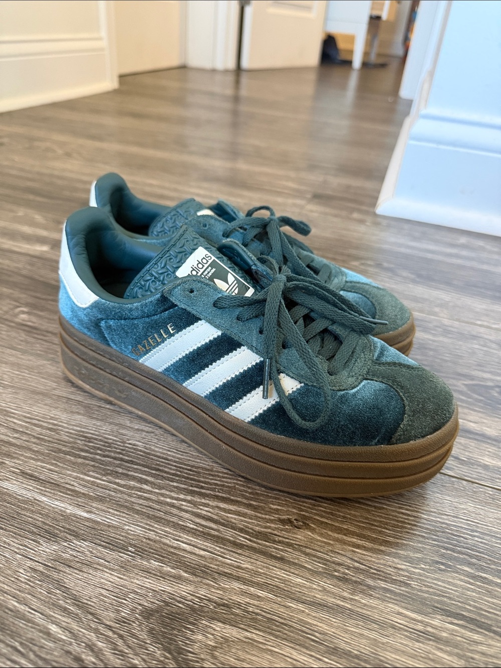 adidas Gazelle Platform Sneakers in Teal with White Stripes and Gum Sole